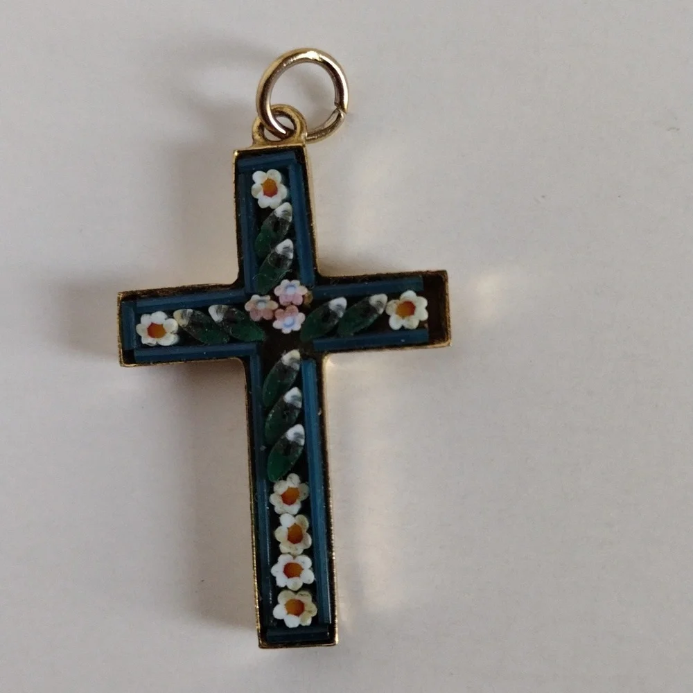 Vintage Venetian Micro Mosaic Glass Forget Me Not Flowers Cross